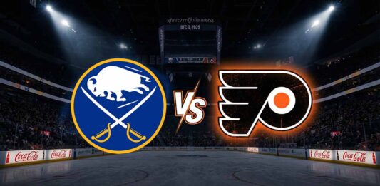 Sabres vs. Flyers Tonight: TV Schedule, Odds & Is Philly Vulnerable? A stylized matchup graphic featuring the glowing Buffalo Sabres logo and Philadelphia Flyers logo separated by "VS," set inside a spotlighted Xfinity Mobile Arena rink with the jumbotron displaying "DEC 3, 2025."