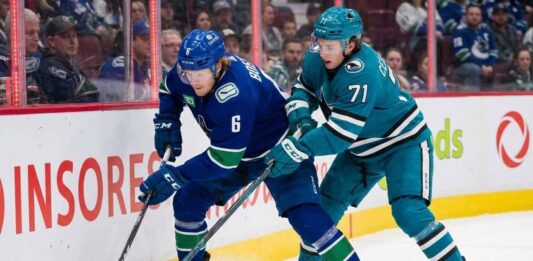 Can the Sharks Snap Their Skid? How to Watch Sharks vs. Canucks Tonight Vancouver Canucks forward Brock Boeser (#6) and San Jose Sharks forward Macklin Celebrini (#71) battle for the puck along the boards during an NHL game.