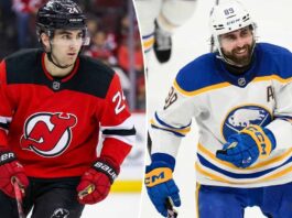 A split-screen photograph showing New Jersey Devils defenseman Seamus Casey in a red jersey on the left, and Buffalo Sabres forward Alex Tuch in a white jersey on the right.