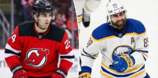 A split-screen photograph showing New Jersey Devils defenseman Seamus Casey in a red jersey on the left, and Buffalo Sabres forward Alex Tuch in a white jersey on the right.