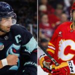 Can the Kraken Survive the Saddledome? Watching Seattle vs. Calgary Tonight A side-by-side comparison photograph featuring Seattle Kraken captain Jordan Eberle in his dark blue jersey on the left and Calgary Flames alternate captain Nazem Kadri in his red number 91 jersey on the right.
