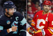 A side-by-side comparison photograph featuring Seattle Kraken captain Jordan Eberle in his dark blue jersey on the left and Calgary Flames alternate captain Nazem Kadri in his red number 91 jersey on the right.