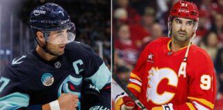 A side-by-side comparison photograph featuring Seattle Kraken captain Jordan Eberle in his dark blue jersey on the left and Calgary Flames alternate captain Nazem Kadri in his red number 91 jersey on the right.