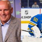 Split image featuring St. Louis Blues General Manager Doug Armstrong smiling at a press conference on the left, and goaltender Jordan Binnington looking down on the ice in full gear on the right, illustrating current NHL trade rumors.