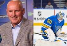 Split image featuring St. Louis Blues General Manager Doug Armstrong smiling at a press conference on the left, and goaltender Jordan Binnington looking down on the ice in full gear on the right, illustrating current NHL trade rumors.