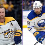 A split-screen photograph showing NHL players Steven Stamkos (left) in a white Nashville Predators uniform and Alex Tuch (right) in a white Buffalo Sabres uniform.