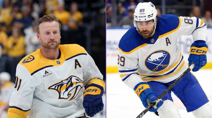 A split-screen photograph showing NHL players Steven Stamkos (left) in a white Nashville Predators uniform and Alex Tuch (right) in a white Buffalo Sabres uniform.