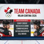 Team Canada 2026 Winter Olympics roster graphic displayed on a large arena scoreboard, featuring photos of Sidney Crosby in jersey #87 and Macklin Celebrini in jersey #96, alongside a "Roster Highlights" list including McDavid, MacKinnon, and Makar.