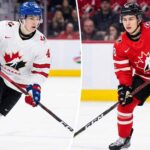 A split image features two Canadian hockey players in action during a game. On the left is a player in a white Team Canada jersey with the number 4, and on the right is a player in a red Team Canada jersey with the number 98.
