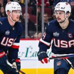 A split-image photograph of two ice hockey players, Jack Eichel and Auston Matthews, both wearing Team USA jerseys.