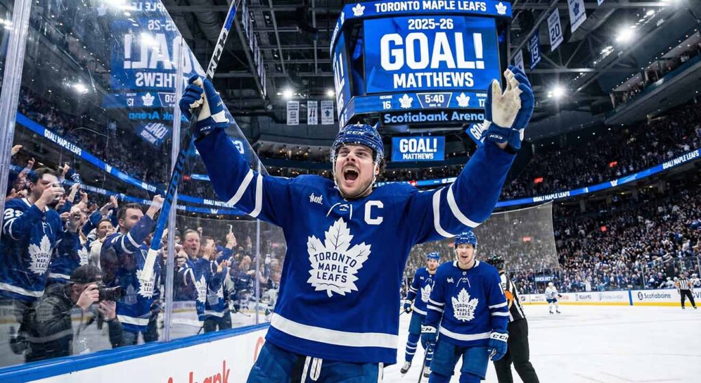 Toronto Maple Leafs captain Auston Matthews, wearing the home blue jersey with the 'C' patch, celebrates passionately after scoring a goal at Scotiabank Arena. His arms are raised, and he is yelling excitedly towards the crowd behind the glass.
