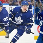A split-screen image featuring Toronto Maple Leafs trade candidates, from left to right: Nick Robertson skating with the puck, Bobby McMann in stride, and Matias Maccelli holding his stick on the ice during NHL game action.