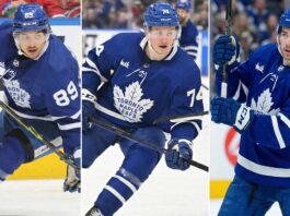 A split-screen image featuring Toronto Maple Leafs trade candidates, from left to right: Nick Robertson skating with the puck, Bobby McMann in stride, and Matias Maccelli holding his stick on the ice during NHL game action.