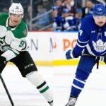A split-screen image featuring Dallas Stars forward Mikko Rantanen handling the puck on the left and Toronto Maple Leafs captain Auston Matthews standing ready on the right.