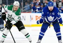 A split-screen image featuring Dallas Stars forward Mikko Rantanen handling the puck on the left and Toronto Maple Leafs captain Auston Matthews standing ready on the right.