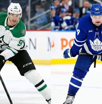 A split-screen image featuring Dallas Stars forward Mikko Rantanen handling the puck on the left and Toronto Maple Leafs captain Auston Matthews standing ready on the right.