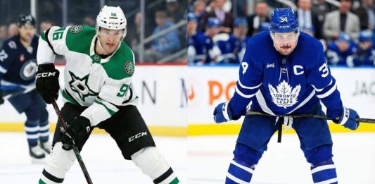 A split-screen image featuring Dallas Stars forward Mikko Rantanen handling the puck on the left and Toronto Maple Leafs captain Auston Matthews standing ready on the right.