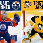 A split graphic comparing NHL goaltenders Stuart Skinner of the Edmonton Oilers (left) and Tristan Jarry of the Pittsburgh Penguins (right). Skinner is depicted in his blue and orange Oilers uniform making a glove save, with his name and team logo above. Jarry is shown in his yellow and black Penguins uniform also making a glove save, with his name and team logo above.