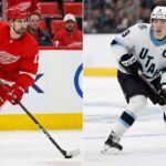 A split-panel photograph shows Detroit Red Wings captain Dylan Larkin in his red home uniform on the left and Utah Mammoth captain Clayton Keller in his white away uniform on the right.