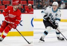 A split-panel photograph shows Detroit Red Wings captain Dylan Larkin in his red home uniform on the left and Utah Mammoth captain Clayton Keller in his white away uniform on the right.