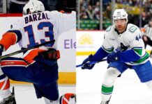 A horizontal split-frame photograph showing two NHL players on the ice. On the left side, New York Islanders player Mathew Barzal, wearing a white number 13 jersey, is viewed from behind while kneeling on one knee. On the right side, a Vancouver Canucks player wearing a white number 44 jersey is shown from the front in a skating stance, looking forward with his stick on the ice.