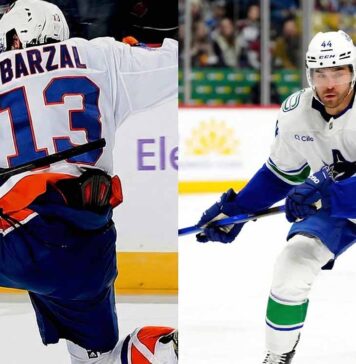 A horizontal split-frame photograph showing two NHL players on the ice. On the left side, New York Islanders player Mathew Barzal, wearing a white number 13 jersey, is viewed from behind while kneeling on one knee. On the right side, a Vancouver Canucks player wearing a white number 44 jersey is shown from the front in a skating stance, looking forward with his stick on the ice.