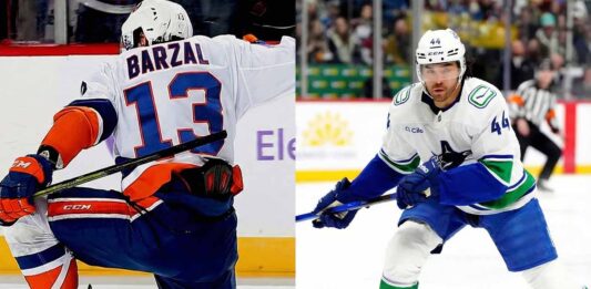 A horizontal split-frame photograph showing two NHL players on the ice. On the left side, New York Islanders player Mathew Barzal, wearing a white number 13 jersey, is viewed from behind while kneeling on one knee. On the right side, a Vancouver Canucks player wearing a white number 44 jersey is shown from the front in a skating stance, looking forward with his stick on the ice.