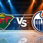 A stylized digital illustration of the Minnesota Wild and Edmonton Oilers logos colliding with a large "Vs" in the center. The background features the interior of the Rogers Center arena with spotlights illuminating the ice and Coca-Cola advertisements on the rink boards.