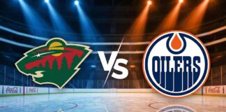 A stylized digital illustration of the Minnesota Wild and Edmonton Oilers logos colliding with a large "Vs" in the center. The background features the interior of the Rogers Center arena with spotlights illuminating the ice and Coca-Cola advertisements on the rink boards.