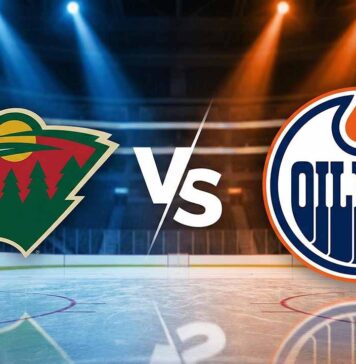 A stylized digital illustration of the Minnesota Wild and Edmonton Oilers logos colliding with a large "Vs" in the center. The background features the interior of the Rogers Center arena with spotlights illuminating the ice and Coca-Cola advertisements on the rink boards.