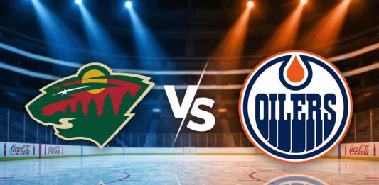 A stylized digital illustration of the Minnesota Wild and Edmonton Oilers logos colliding with a large "Vs" in the center. The background features the interior of the Rogers Center arena with spotlights illuminating the ice and Coca-Cola advertisements on the rink boards.