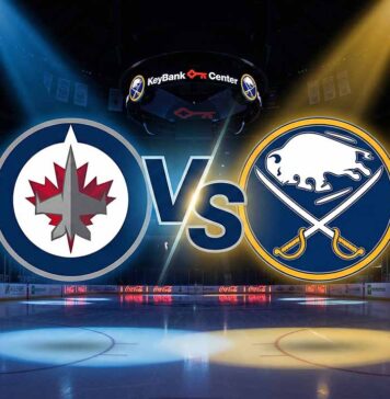 A stylized digital illustration of the Winnipeg Jets and Buffalo Sabres logos colliding with a large "Vs" in the center. The background features the interior of the KeyBank Center arena with spotlights illuminating the ice and Coca-Cola advertisements on the rink boards.