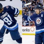 A split-panel image showing two Winnipeg Jets forwards in dark blue home jerseys. On the left panel, Kyle Connor (#81) is captured mid-stride taking a shot on the ice. On the right panel, alternate captain Mark Scheifele is shown celebrating with arms raised towards a crowd.