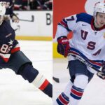 A split photograph showing hockey brothers Jack Hughes (left) in a dark blue USA jersey and Quinn Hughes (right) in a white USA jersey, both skating on the ice during a game.