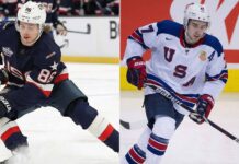A split photograph showing hockey brothers Jack Hughes (left) in a dark blue USA jersey and Quinn Hughes (right) in a white USA jersey, both skating on the ice during a game.