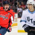 Is Ovechkin Unstoppable? Plus Utah’s Surge and Today’s Massive NHL Slate A split-screen image featuring two NHL captains. On the left side, Washington Capitals captain Alex Ovechkin is shown yelling in intense celebration while wearing his red home jersey. On the right side, Utah Hockey Club captain Clayton Keller is depicted looking focused and ready for action in his white away jersey with light blue accents.