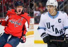A split-screen image featuring two NHL captains. On the left side, Washington Capitals captain Alex Ovechkin is shown yelling in intense celebration while wearing his red home jersey. On the right side, Utah Hockey Club captain Clayton Keller is depicted looking focused and ready for action in his white away jersey with light blue accents.