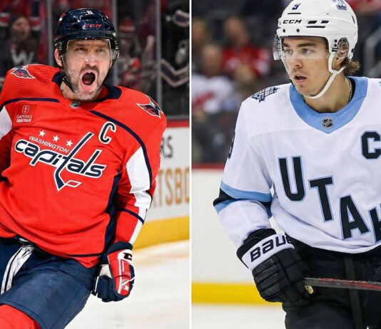 Is Ovechkin Unstoppable? Plus Utah’s Surge and Today’s Massive NHL Slate A split-screen image featuring two NHL captains. On the left side, Washington Capitals captain Alex Ovechkin is shown yelling in intense celebration while wearing his red home jersey. On the right side, Utah Hockey Club captain Clayton Keller is depicted looking focused and ready for action in his white away jersey with light blue accents.