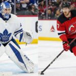A split photograph shows two NHL players on the ice. On the left side, a Toronto Maple Leafs goaltender wearing a white jersey with the number 41 is in a butterfly stance in front of the net. On the right side, a New Jersey Devils skater wearing a red jersey with the number 7 is skating with the puck.