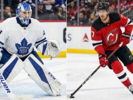 A split photograph shows two NHL players on the ice. On the left side, a Toronto Maple Leafs goaltender wearing a white jersey with the number 41 is in a butterfly stance in front of the net. On the right side, a New Jersey Devils skater wearing a red jersey with the number 7 is skating with the puck.