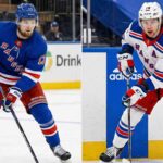 A split-screen photograph showing New York Rangers forwards Alexis Lafreniere (left, wearing blue home jersey number 13) and Artemi Panarin (right, wearing white away jersey number 10) skating with the puck during separate games.
