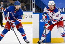 A split-screen photograph showing New York Rangers forwards Alexis Lafreniere (left, wearing blue home jersey number 13) and Artemi Panarin (right, wearing white away jersey number 10) skating with the puck during separate games.