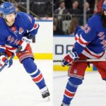 A split photograph featuring New York Rangers alternate captains on the ice. On the left panel, Artemi Panarin (No. 10) is shown skating dynamically while handling the puck. On the right panel, Mika Zibanejad (No. 93) is pictured standing in a ready position with his stick on the ice. Both players are wearing their blue home jerseys.