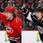 A split-screen image showing hockey player Artemi Panarin in two different uniforms. On the left side, he is wearing a red Carolina Hurricanes jersey and helmet, with his right arm raised. On the right side, he is in the same pose but wearing a black Los Angeles Kings jersey and helmet.