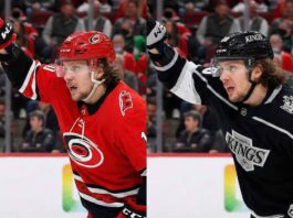 End of an Era: The Two Teams Ready to Land Artemi Panarin & The Price They’ll Pay A split-screen image showing hockey player Artemi Panarin in two different uniforms. On the left side, he is wearing a red Carolina Hurricanes jersey and helmet, with his right arm raised. On the right side, he is in the same pose but wearing a black Los Angeles Kings jersey and helmet.