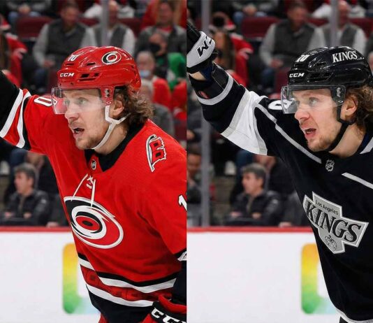 A split-screen image showing hockey player Artemi Panarin in two different uniforms. On the left side, he is wearing a red Carolina Hurricanes jersey and helmet, with his right arm raised. On the right side, he is in the same pose but wearing a black Los Angeles Kings jersey and helmet.
