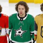 A three-panel split photograph showing NHL forward Artemi Panarin wearing different team jerseys. On the left panel, he wears a red Florida Panthers home jersey; in the center panel, a green Dallas Stars home jersey; and on the right panel, a gold Vegas Golden Knights home jersey. He has a similar focused expression in all three images against an ice rink background.