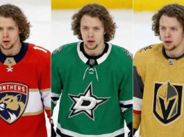 A three-panel split photograph showing NHL forward Artemi Panarin wearing different team jerseys. On the left panel, he wears a red Florida Panthers home jersey; in the center panel, a green Dallas Stars home jersey; and on the right panel, a gold Vegas Golden Knights home jersey. He has a similar focused expression in all three images against an ice rink background.