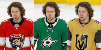 A three-panel split photograph showing NHL forward Artemi Panarin wearing different team jerseys. On the left panel, he wears a red Florida Panthers home jersey; in the center panel, a green Dallas Stars home jersey; and on the right panel, a gold Vegas Golden Knights home jersey. He has a similar focused expression in all three images against an ice rink background.