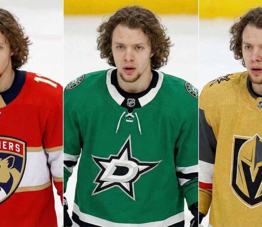 A three-panel split photograph showing NHL forward Artemi Panarin wearing different team jerseys. On the left panel, he wears a red Florida Panthers home jersey; in the center panel, a green Dallas Stars home jersey; and on the right panel, a gold Vegas Golden Knights home jersey. He has a similar focused expression in all three images against an ice rink background.